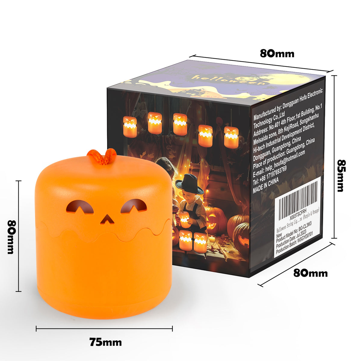 Orange pumpkin night light with 80 mm and 75 mm dimension lines next to its printed retail box