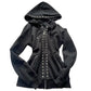 Black studded zip-up hoodie on a white background with ribbed cuffs, hem and zip pockets