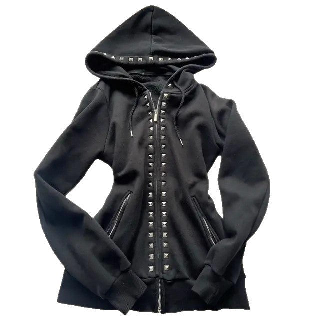 Black studded zip-up hoodie on a white background with ribbed cuffs, hem and zip pockets