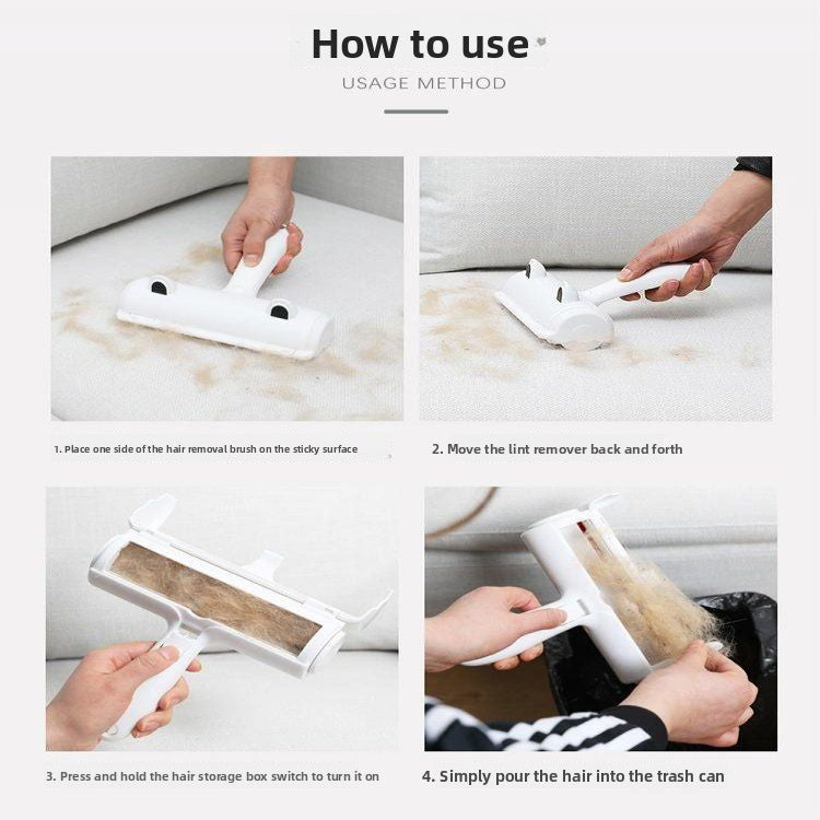 Reusable pet hair roller clearing pet fur from a fabric sofa cushion in use