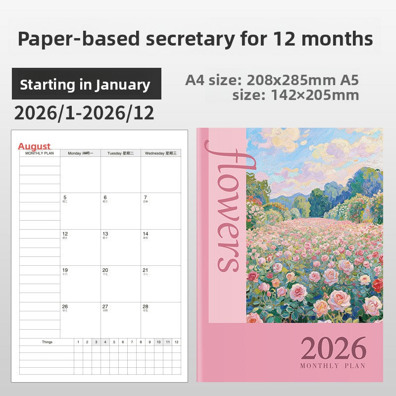 Rose Field 2026 cover monthly planner notebook in A4