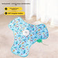 Blue small fish print three lobed cat teaser mat on carpet with motor puck and green feather wand