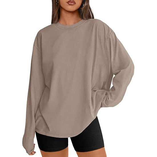 Khaki loose fit long sleeve rayon top with black bike shorts, front view, size S option