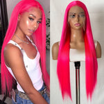Rose pink long straight wig worn by a woman in a white tank top beside the same wig on a mannequin