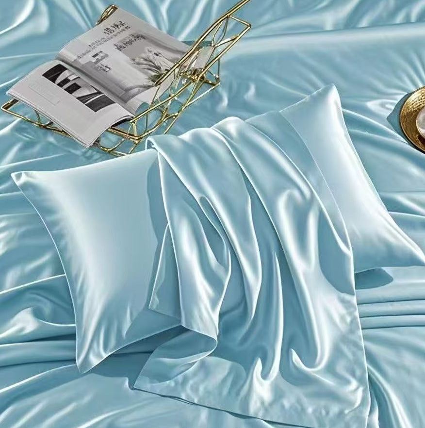 Blue satin finish polyester pillowcase, single case, 48 by 74 cm