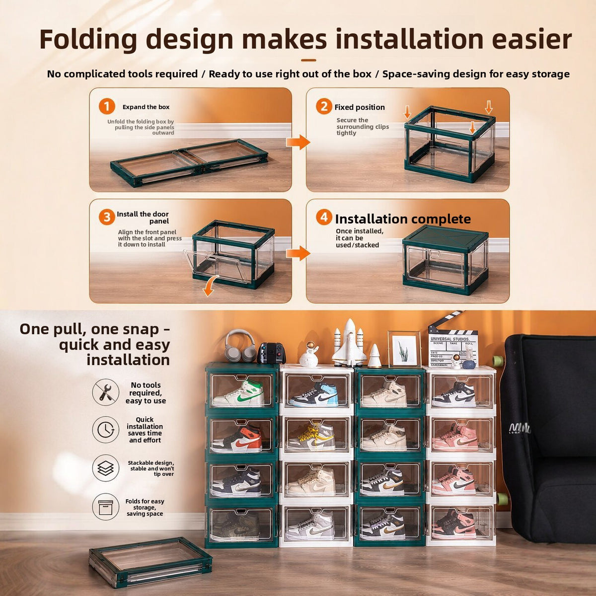 Transparent PVC shoe storage box with a front opening swing door