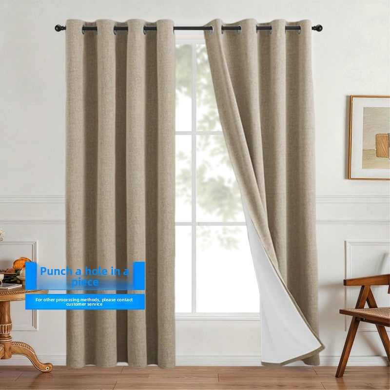 Linen look polyester blackout grommet curtain panel with white thermal backing shown against a clean white wall