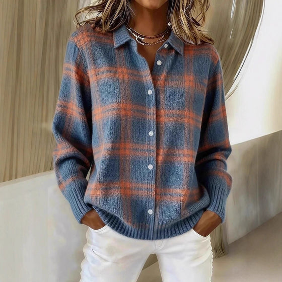 Loose Plaid Knit Button-Front Cardigan with Shirt Collar