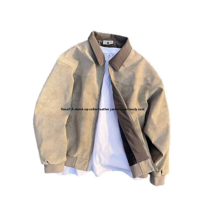 Beige tie-dye zip jacket on a white background, open at the front over a white tee, ribbed collar and hem