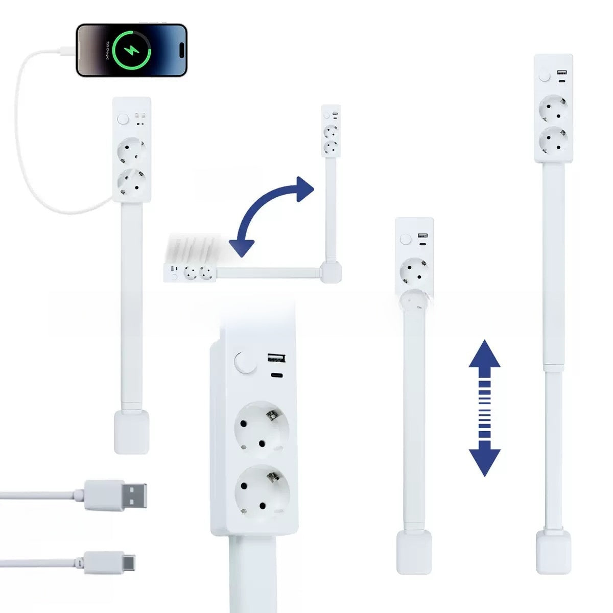 EU plug version of the white power socket extender with round sockets and a USB cable beside it