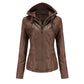 Coffee brown PU leather jacket with detachable hood, size 5XL option