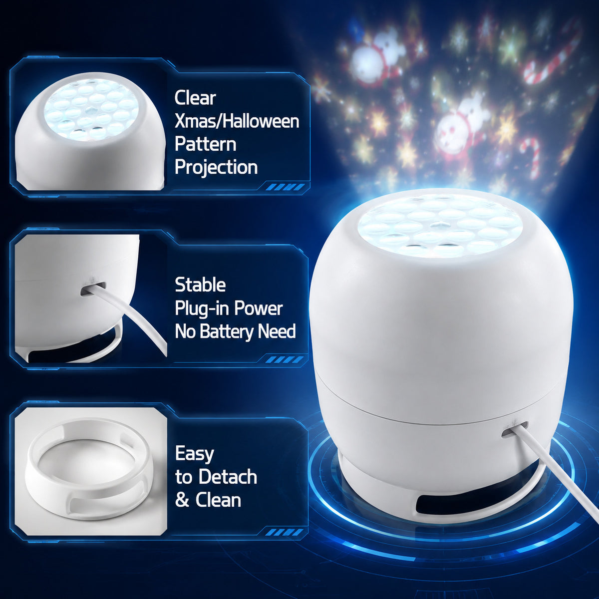 Product detail panel showing the white projector lamp, its plug-in cable and the detachable ring base
