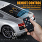 Remote control held beside a silver car with two lit hand lights on its rear window, range marked 82FT