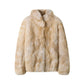 Blonde faux fur coat laid flat on white, open front with no button, hook or zip