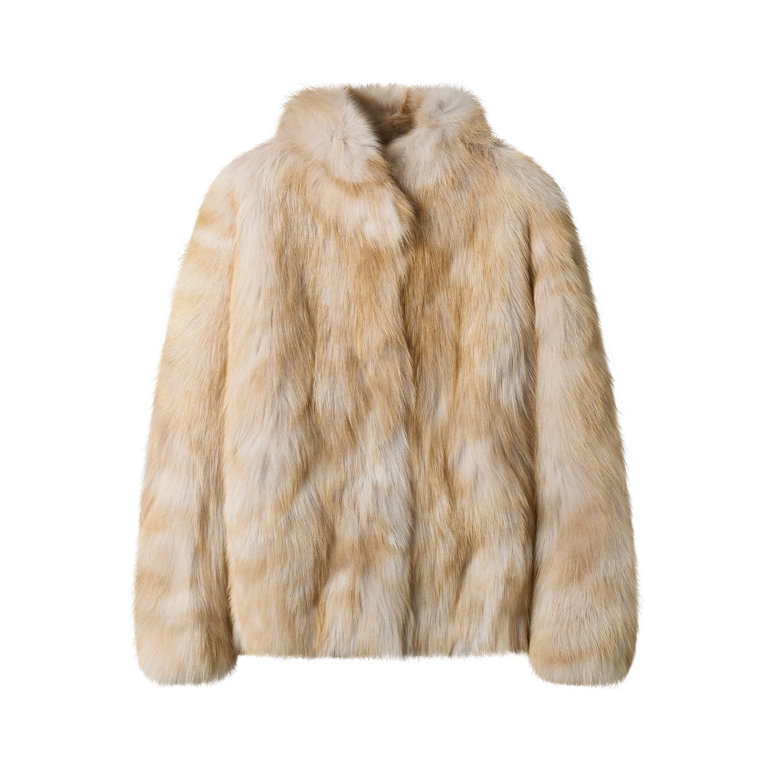 Blonde faux fur coat laid flat on white, open front with no button, hook or zip