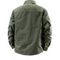 Back view of the military green cotton shirt jacket with a yoke seam, plain back panel and button cuffs