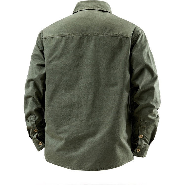 Back view of the military green cotton shirt jacket with a yoke seam, plain back panel and button cuffs