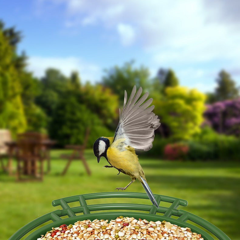 Small yellow bird landing on the green perch bar of the feeder tray filled with mixed seed
