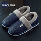 Plush warm home slipper with a PU upper, plush lining and thick anti slip sole, navy blue covered heel