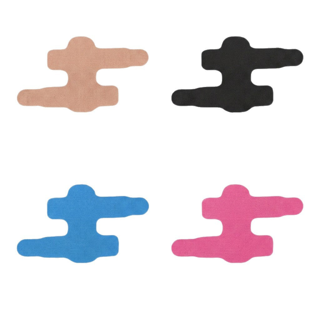 Four special shaped finger tapes laid flat in skin tone, black, blue and pink on a white background