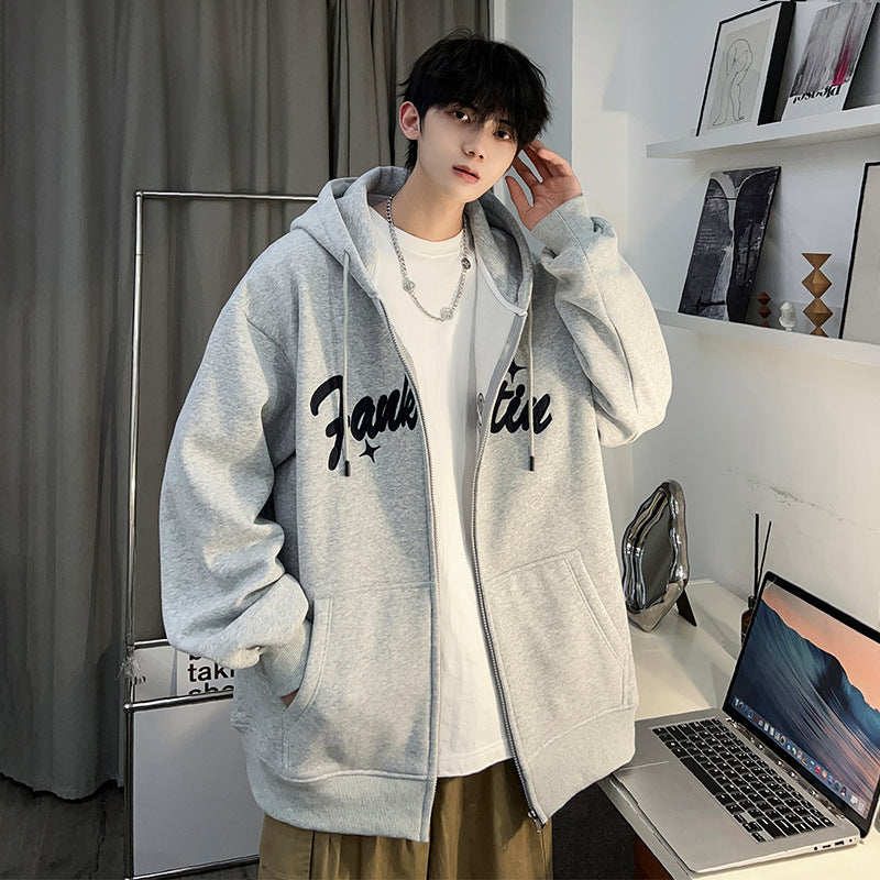 Men's fleece-lined hooded sweatshirt shown zipped front view