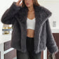 Dark gray vegan fur lapel jacket on a model with a white top and jeans, option Dark Gray, size XL