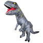 One piece inflatable T-Rex costume upright on white, clawed feet and a heavy tail anchoring the pose