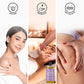 Three panels: a woman touching her shoulder, a spa face massage with an oil bottle, and hands massaging a thigh