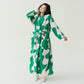 Green Wavy Print with Pants option, long fleece robe with emerald and pale pink waves and a belt