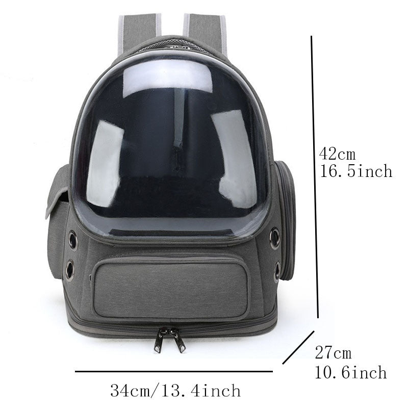Gray pet carrier backpack with padded adjustable shoulder straps and top zip access