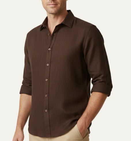 solid Brown mens long sleeve linen look button up shirt