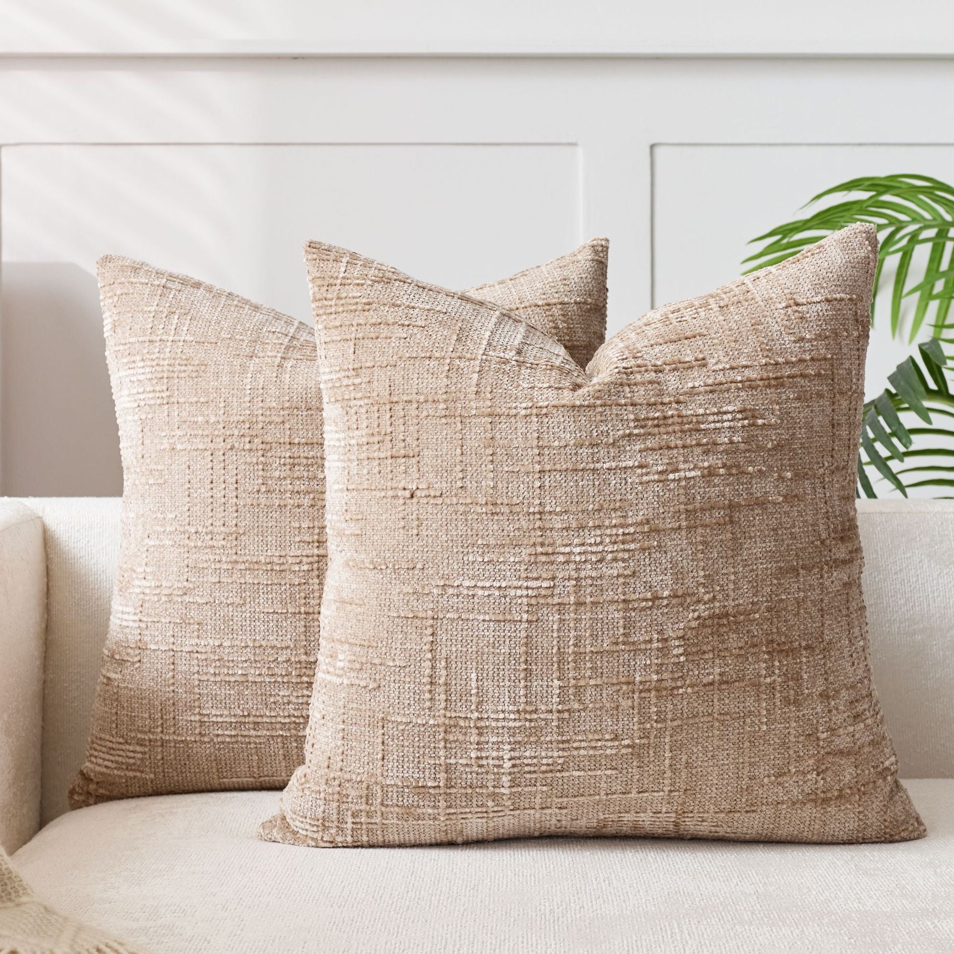 Chenille textured cushion cover with a knife edge finish and a woven cross hatch pattern in one solid colour