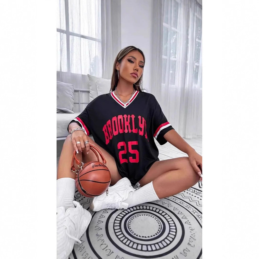 Women's Basketball Print V-Neck T-Shirt