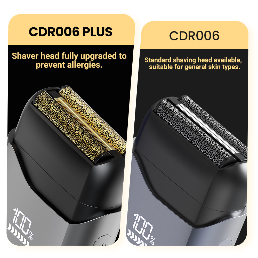 Two foil shaver heads compared, an upgraded gold foil and a standard silver foil