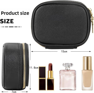 Black structured PU makeup case shown at 15 by 11.8 by 7 cm beside lipstick and perfume