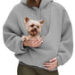 Front view of the pink plush fleece pet pouch hoodie with lined hood and drawstring