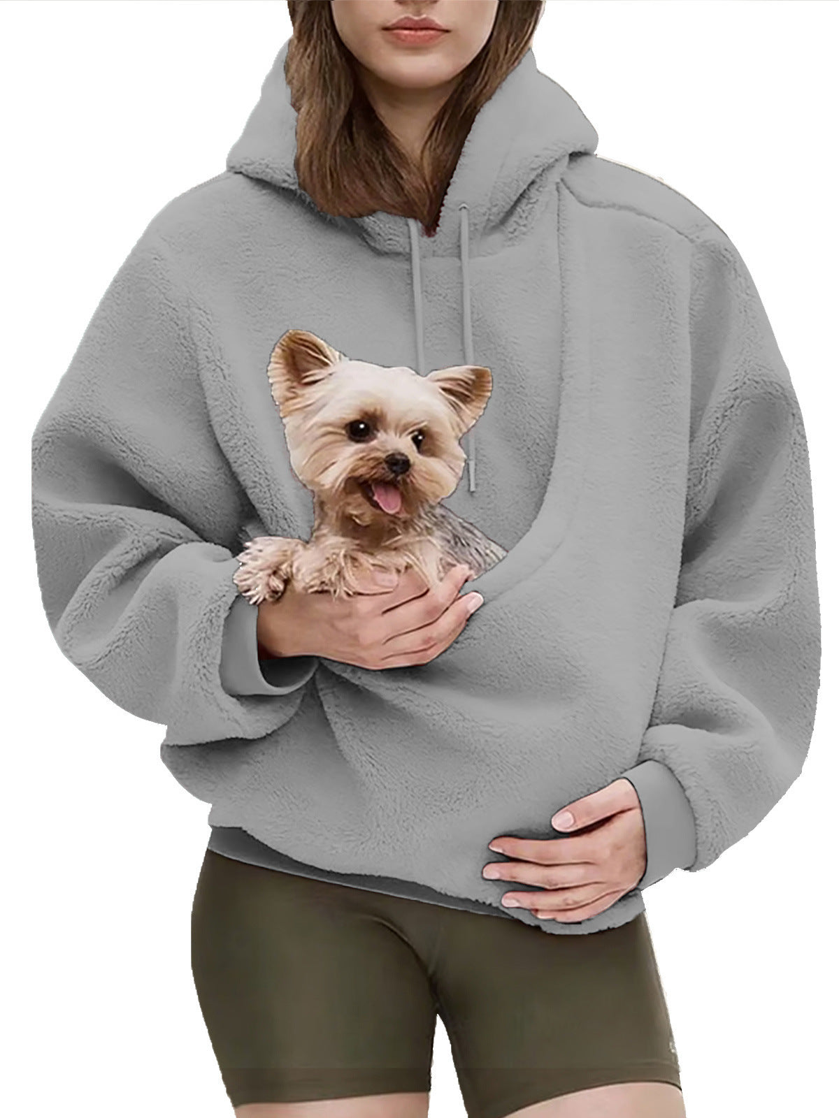 Front view of the pink plush fleece pet pouch hoodie with lined hood and drawstring