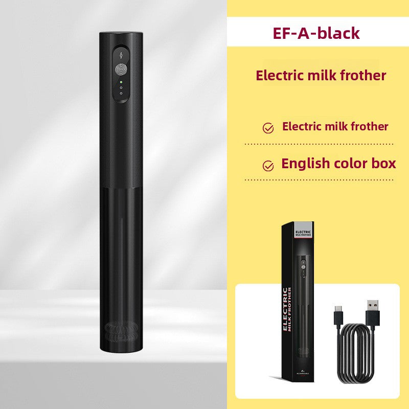 Black EF-A sleeve style rechargeable milk frother body with black box and USB charging cable