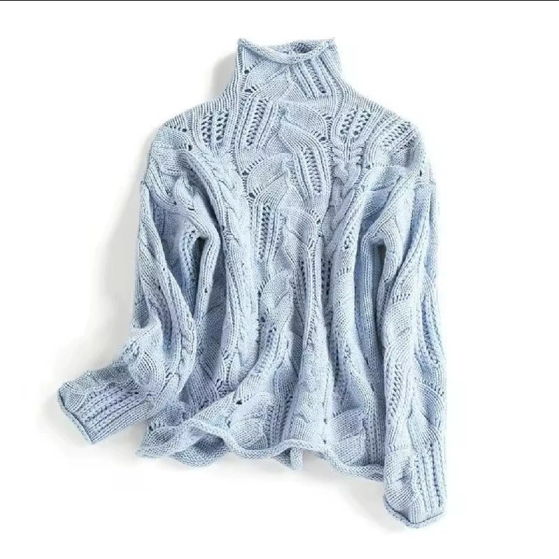 Ice Blue cable knit high neck sweater for women, twisted cable ropes with open pointelle stitch, loose drop shoulder