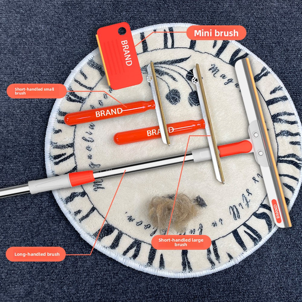 Flat lay of four pet hair remover brushes on a round rug beside a clump of hair, from mini to long handle