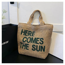Woven Straw Tote Bag, Here Comes The Sun Slogan, Summer Beach Shoulder Bag