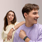 Two people wearing the screenless smart bracelet, one on a black band and one on a light band