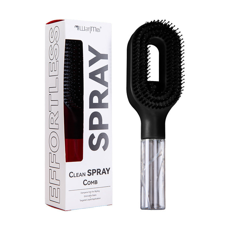 Hand holding the hair spray comb while combing and misting damp hair