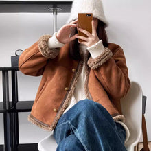 Cropped Brown Vegan Suede Sherpa Trim Jacket