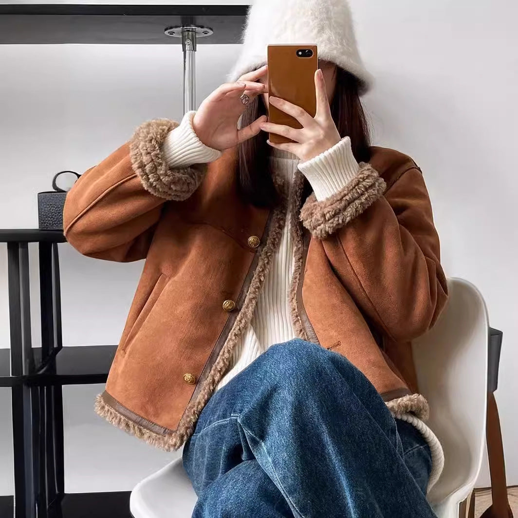 Brown cropped lamb-style faux fur jacket, front view on model