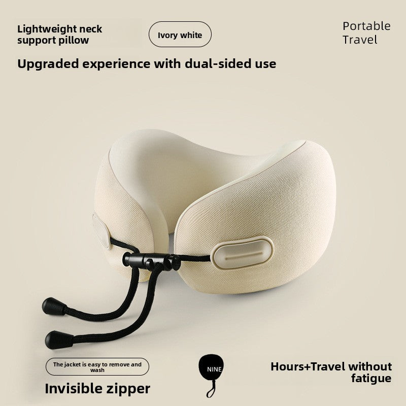 Foldable U-shaped travel neck pillow in a smooth ice silk knit cover with a front toggle