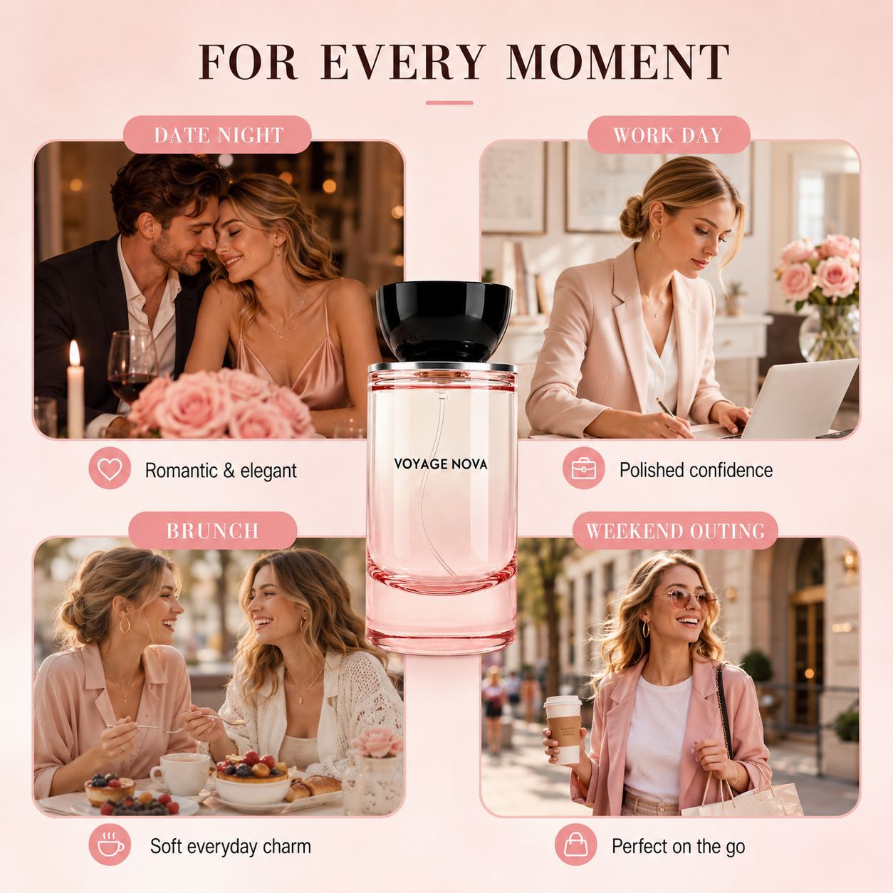 Pink perfume bottle at the centre of four lifestyle panels covering evening, work, brunch and weekend