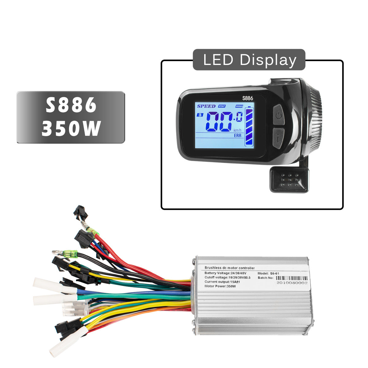 Maker panel showing the handlebar LCD display beside a brushless controller and its coloured loom