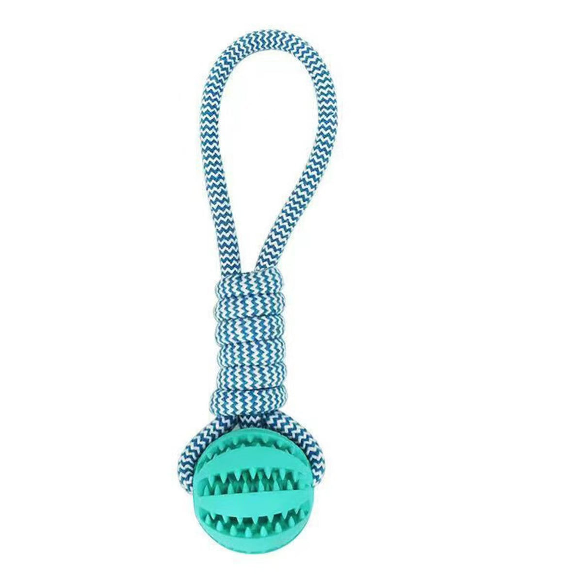 Green grooved rubber dog treat ball on a braided tug rope loop