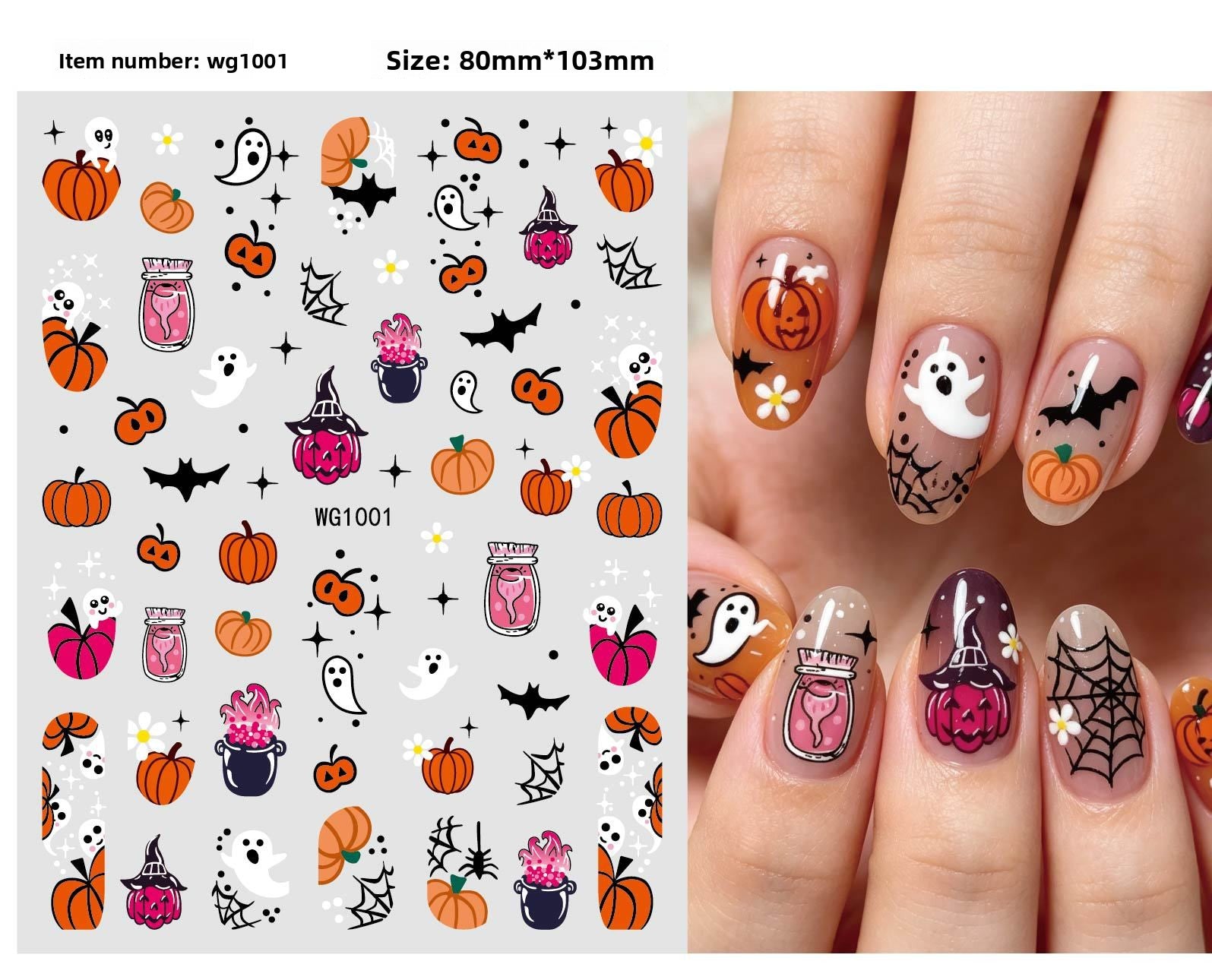 Self adhesive vinyl nail decals with grinning skull and pumpkin art